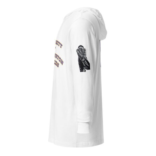 A white hoodie with a bird on the side of it.