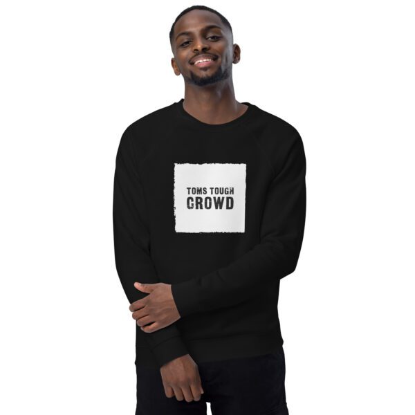 A man wearing a black sweatshirt with the words " think local crowd ".