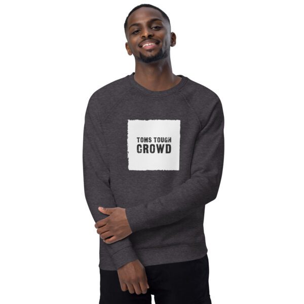 A man wearing a sweatshirt with the words " think local crowd ".