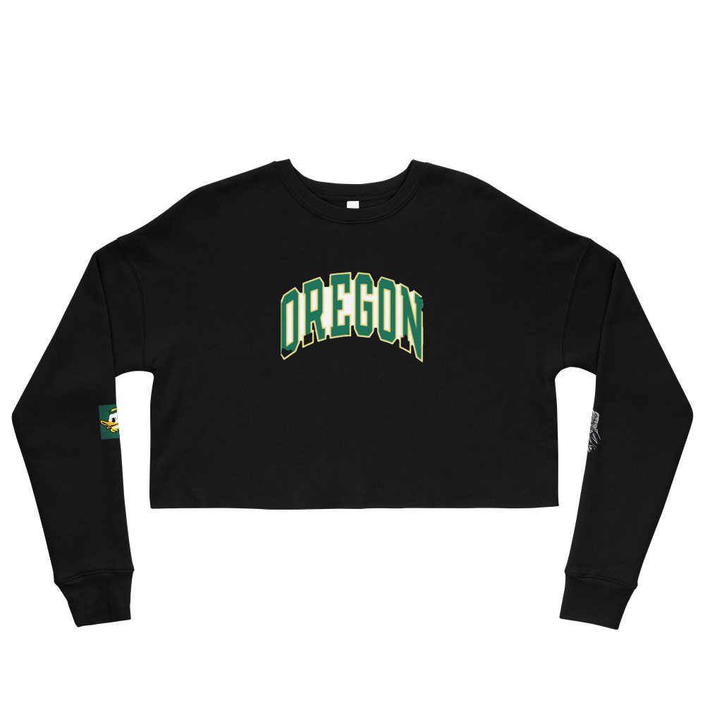 A black crop top with the word oregon on it.