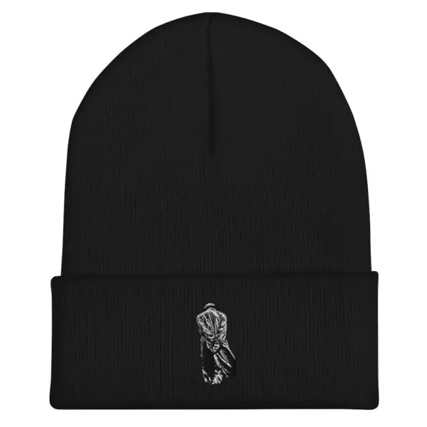 A black beanie with an embroidered image of a rose.