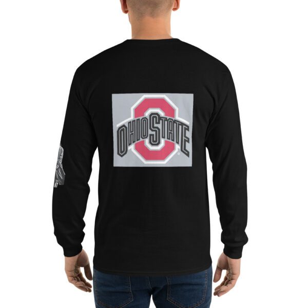 A man wearing a long sleeve shirt with the ohio state logo.