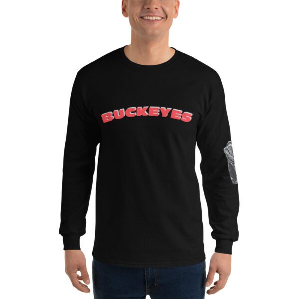 A man wearing a long sleeve shirt with the word buckstres on it.