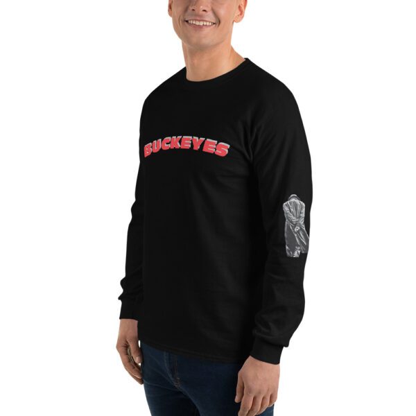 A man wearing a long sleeve shirt with the word buckeyes on it.