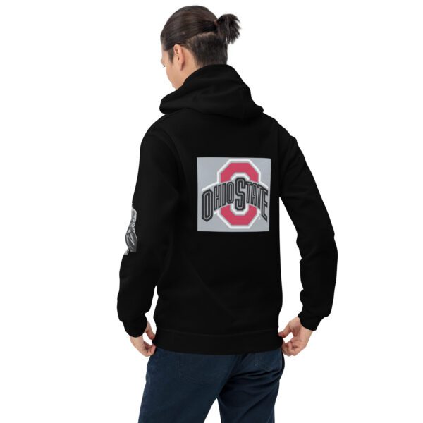 A person wearing a black hoodie with the ohio state logo on it.