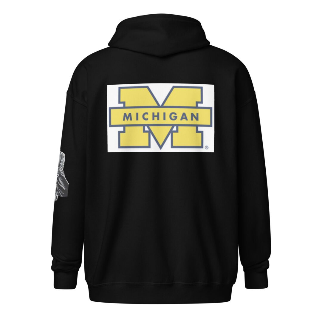 A black hoodie with the word michigan on it.