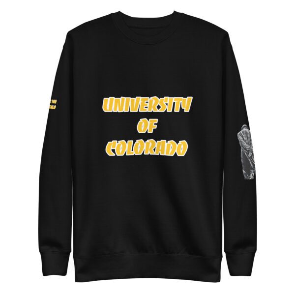 A black sweatshirt with the university of colorado logo.