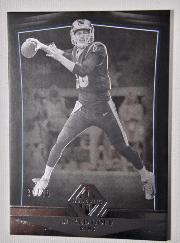 Jared Goff throwing football, Rams, black and white card.