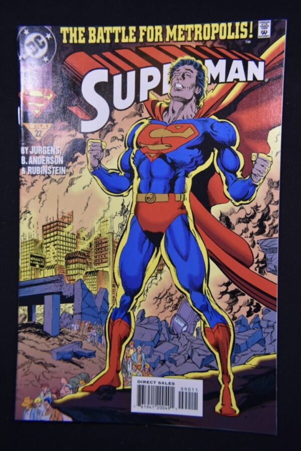 Superman comic book cover, battle for Metropolis.