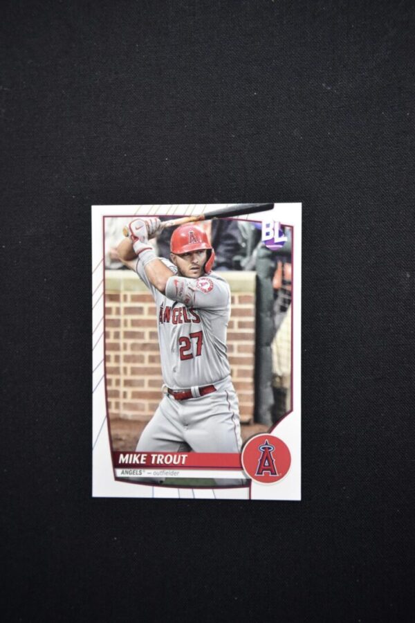 Mike Trout baseball card, Angels outfielder.