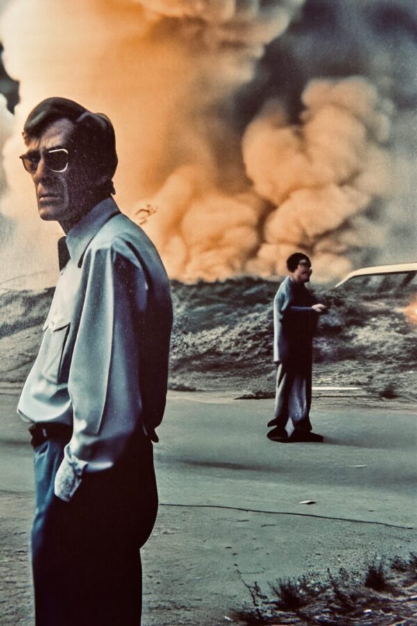 Two men stand in front of smoke.