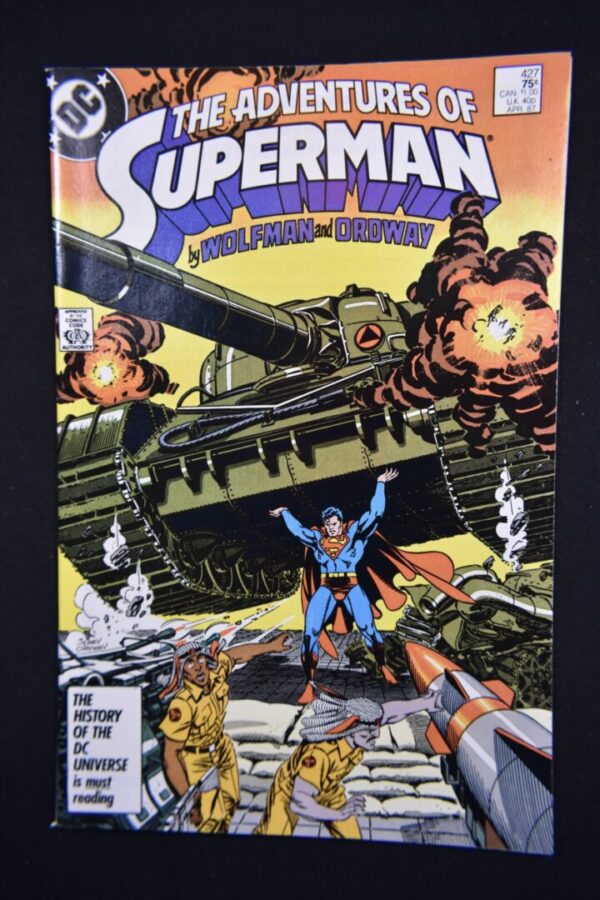 Superman comic book cover with tank.