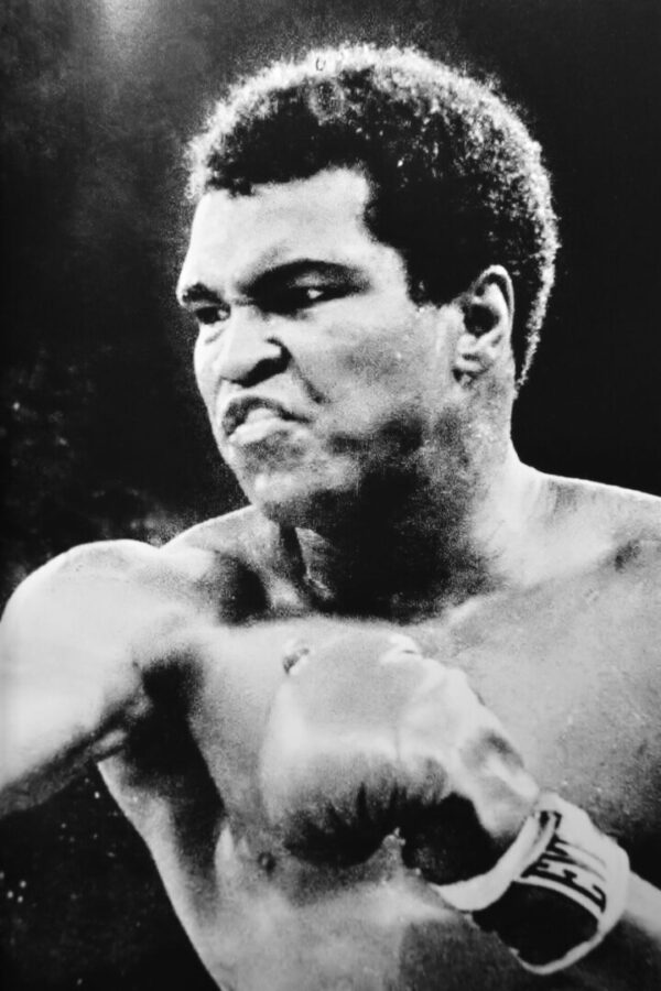 Black and white photo of Muhammad Ali.