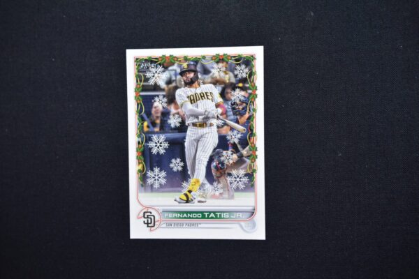 Fernando Tatis Jr. baseball card with snowflakes.