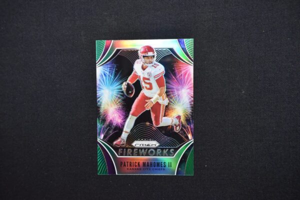 Patrick Mahomes II football card with fireworks.