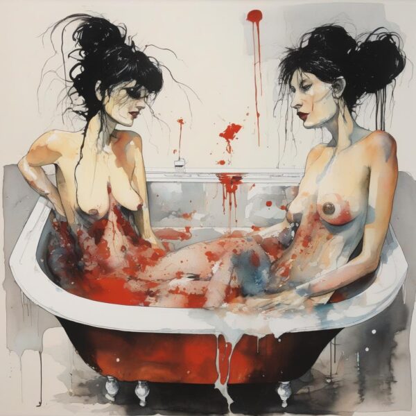 Two women in a bloody bathtub.