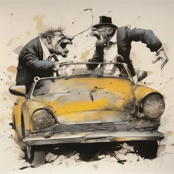 Two men arguing in a yellow car.