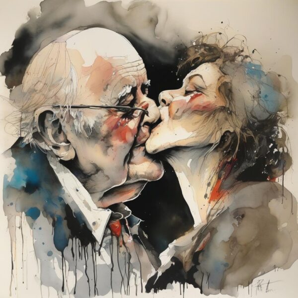 Watercolor painting of an elderly couple kissing.