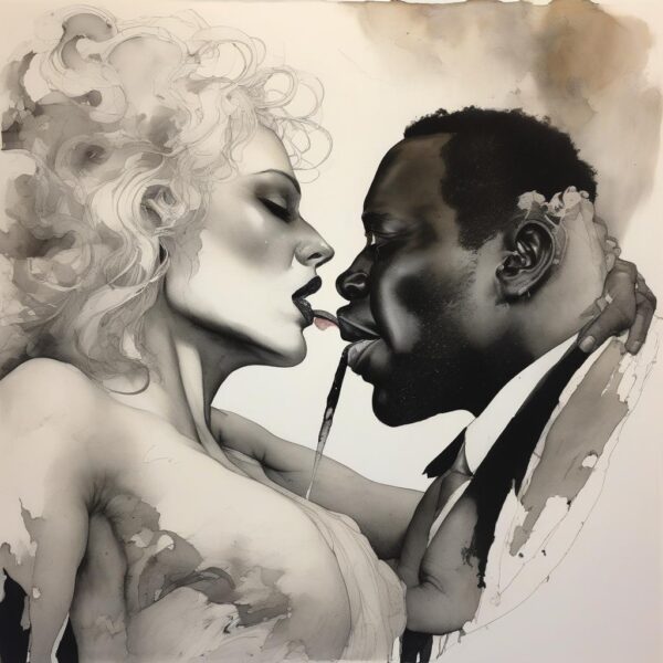 Black and white couple kissing with tongues.