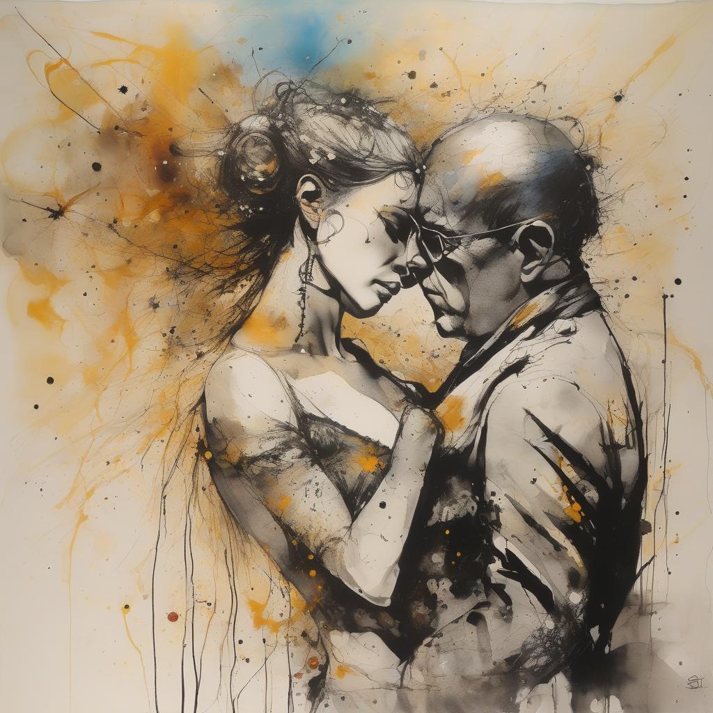 A man and woman embracing in watercolor.