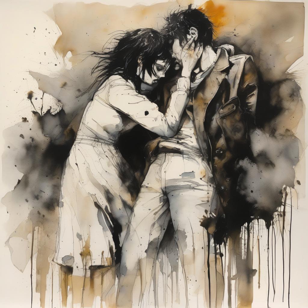 Black and white watercolor painting of couple embracing.