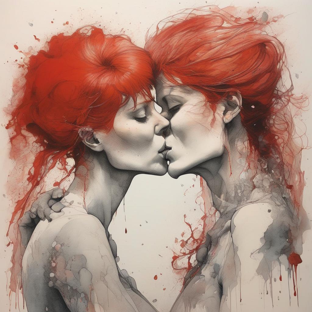 Two women with red hair kissing.