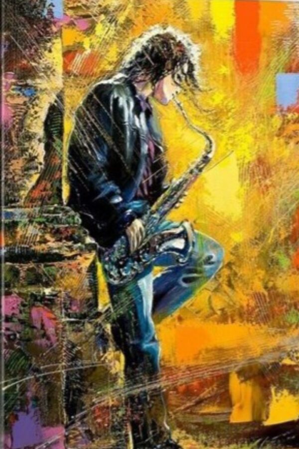 Man playing saxophone in colorful painting.