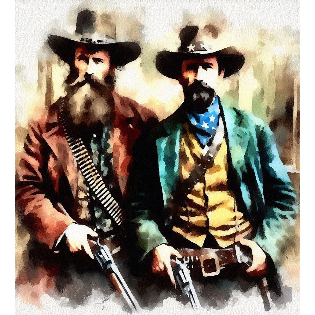 Two cowboys with guns in the Wild West.