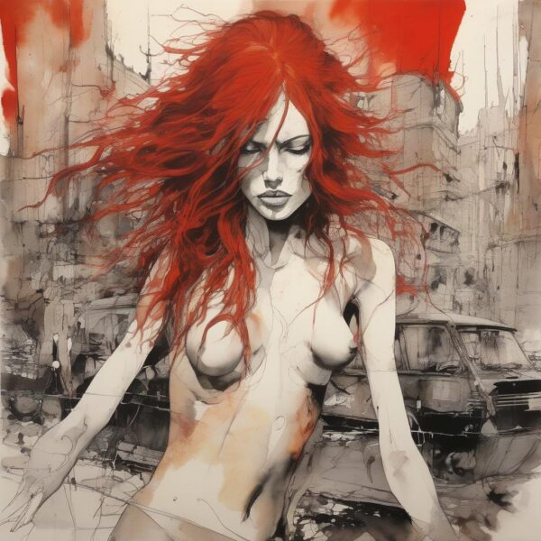 Red-haired woman in a destroyed city.