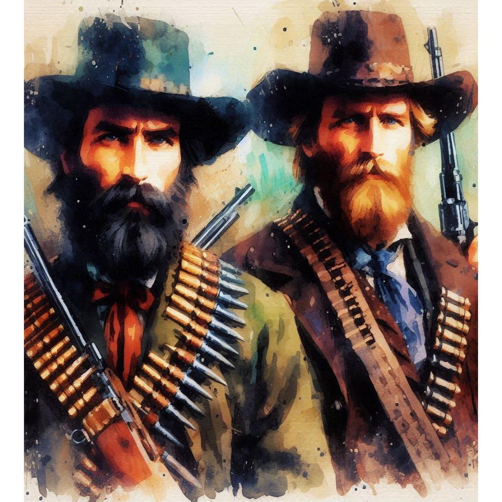 Two armed cowboys in watercolor painting.