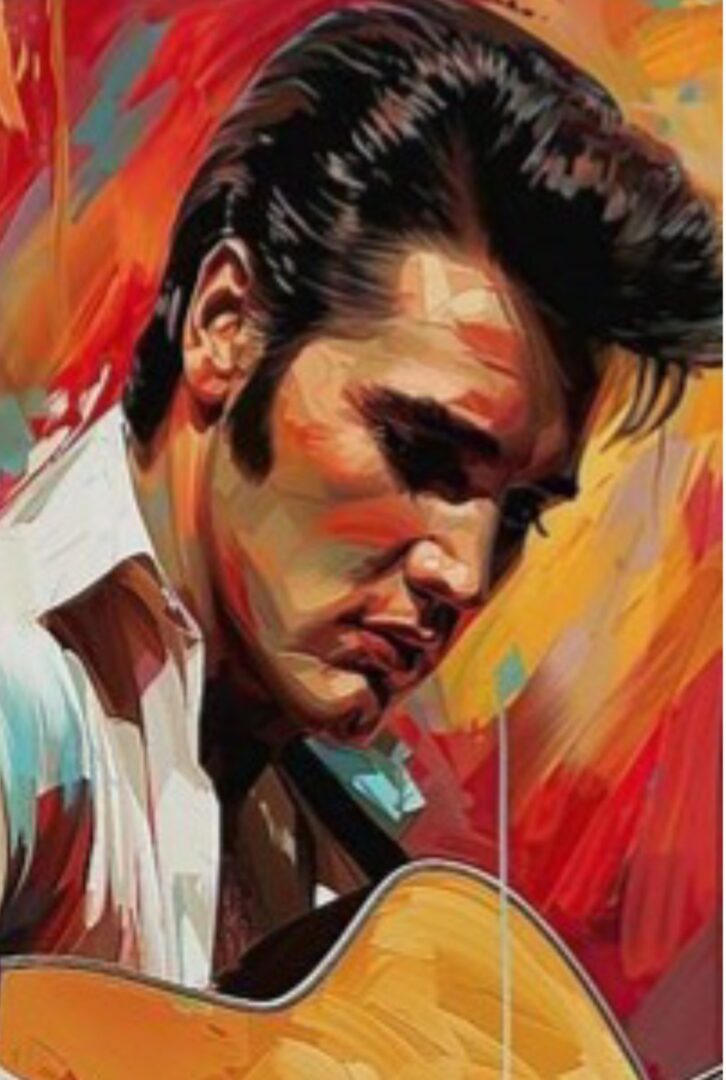 Painting of Elvis Presley playing guitar.