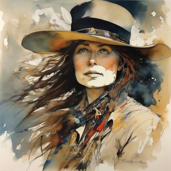 Woman in a cowboy hat with a gun.