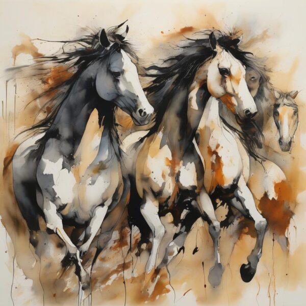 Watercolor painting of three running horses.