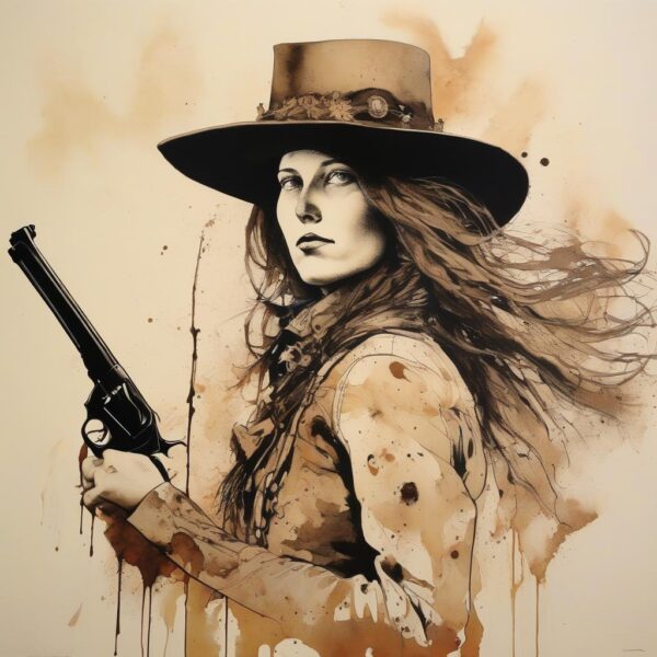 Woman in a cowboy hat holding a gun.