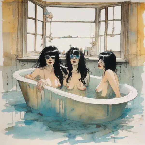 Three women in bathtub wearing sunglasses.