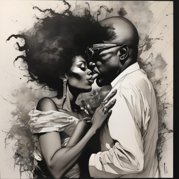 Black and white drawing of a couple kissing.