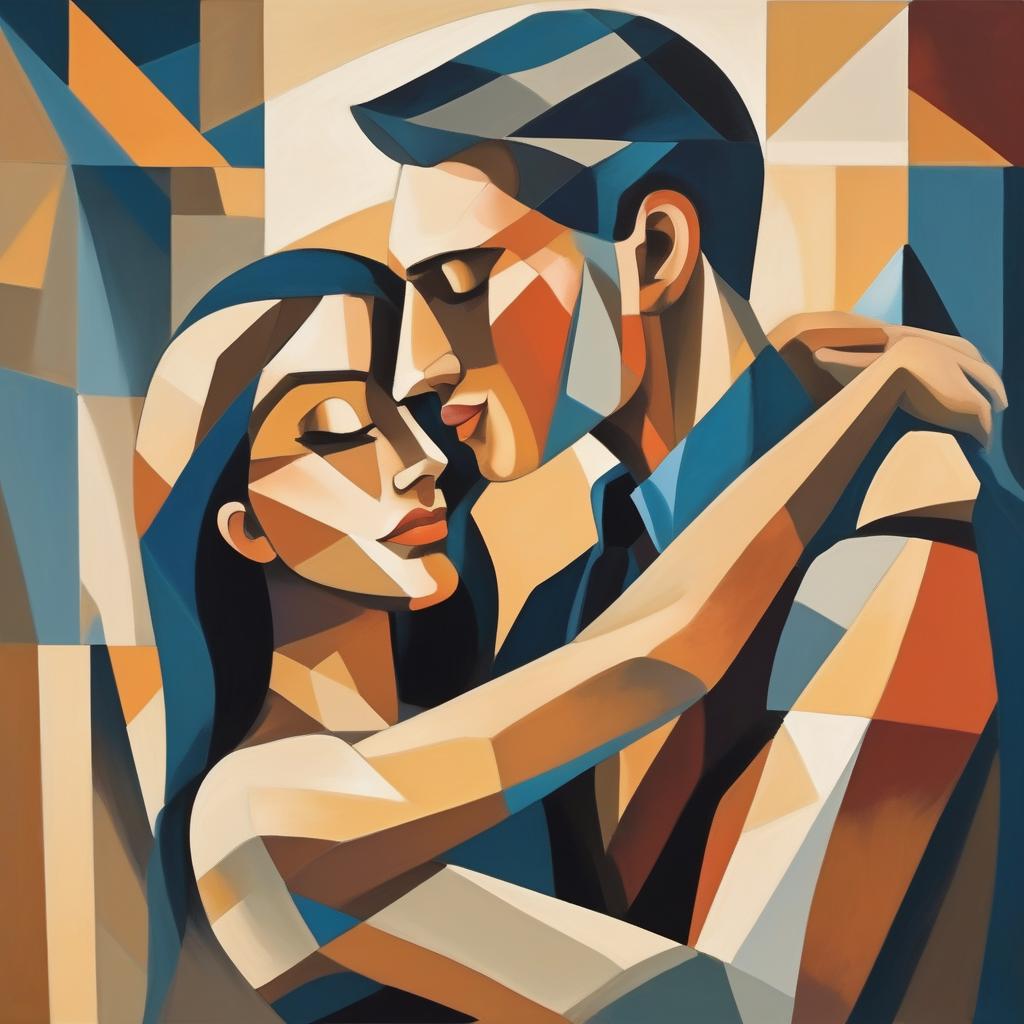 Abstract painting of a couple embracing.