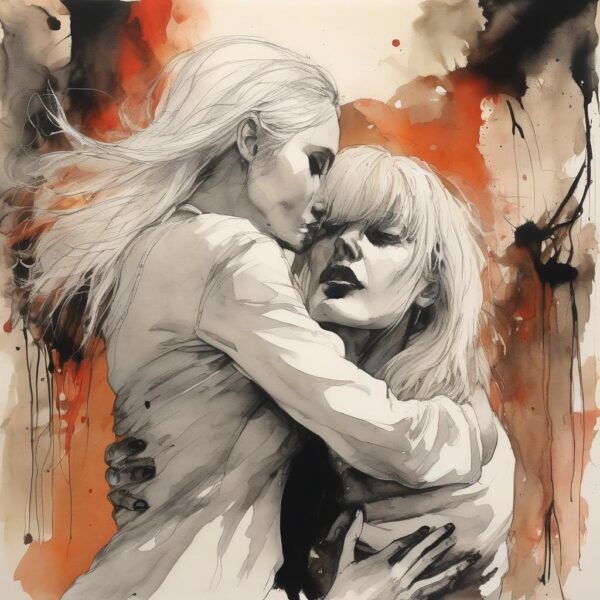 Two women embrace, watercolor painting.