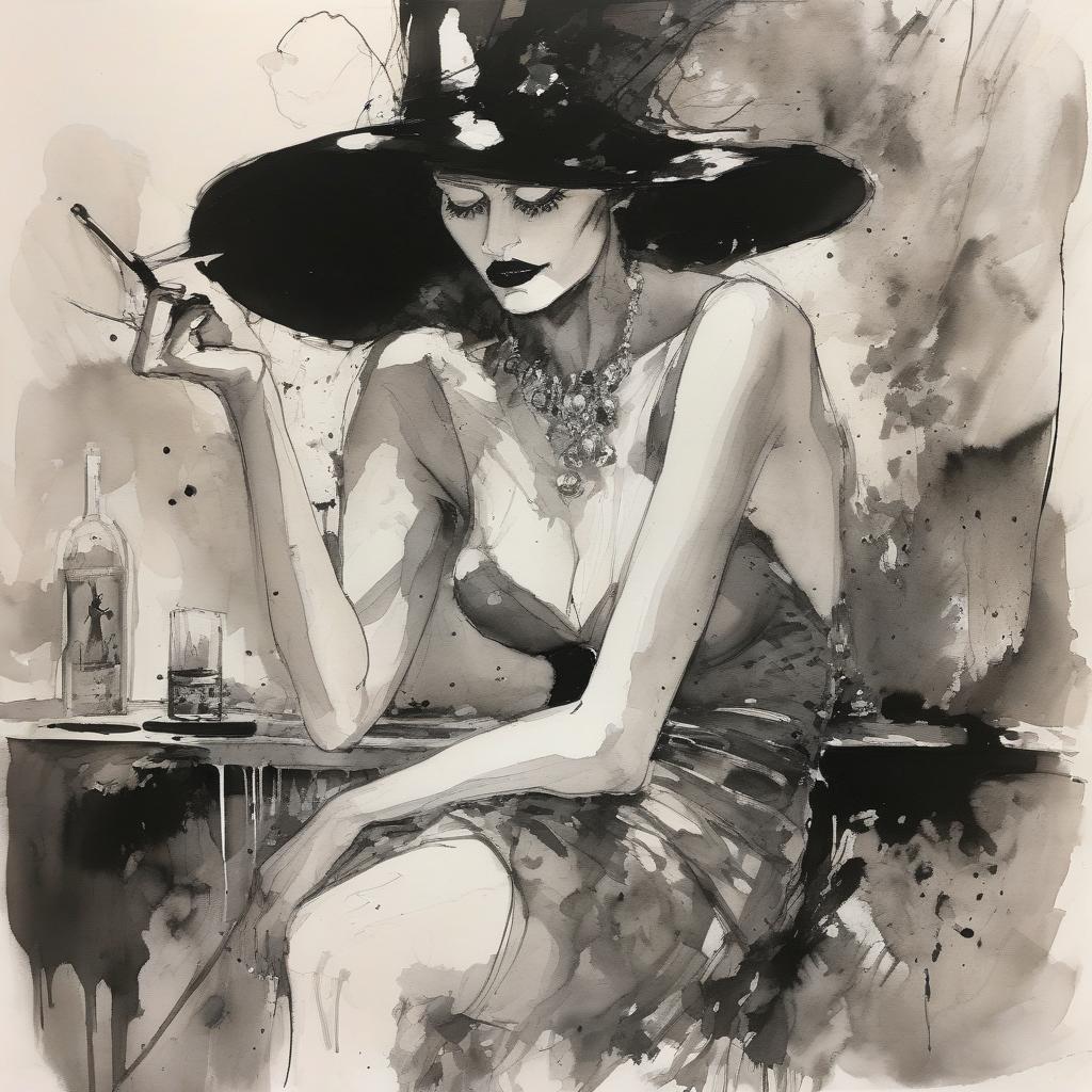 Woman in a hat smoking and drinking.