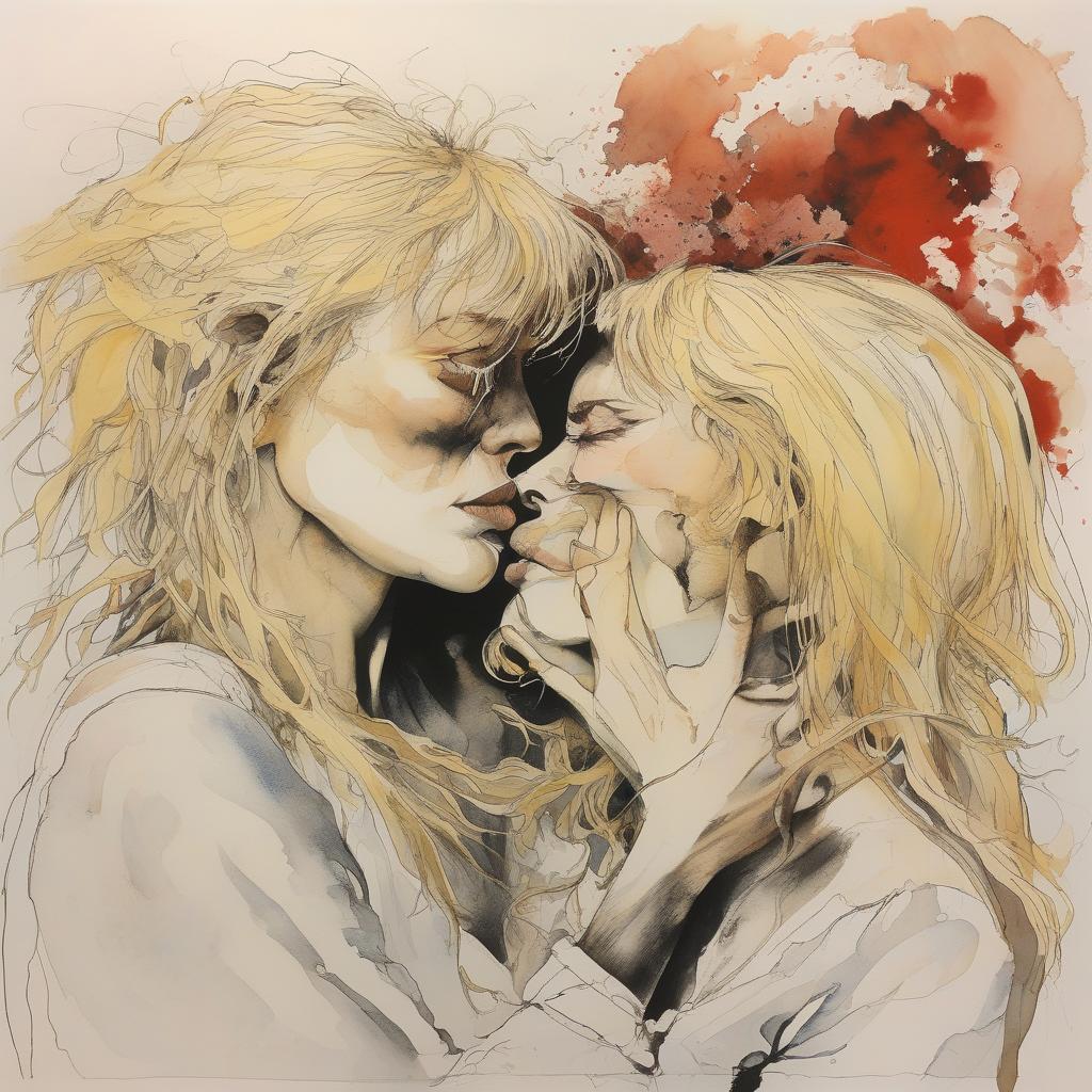 Two women embracing with closed eyes.