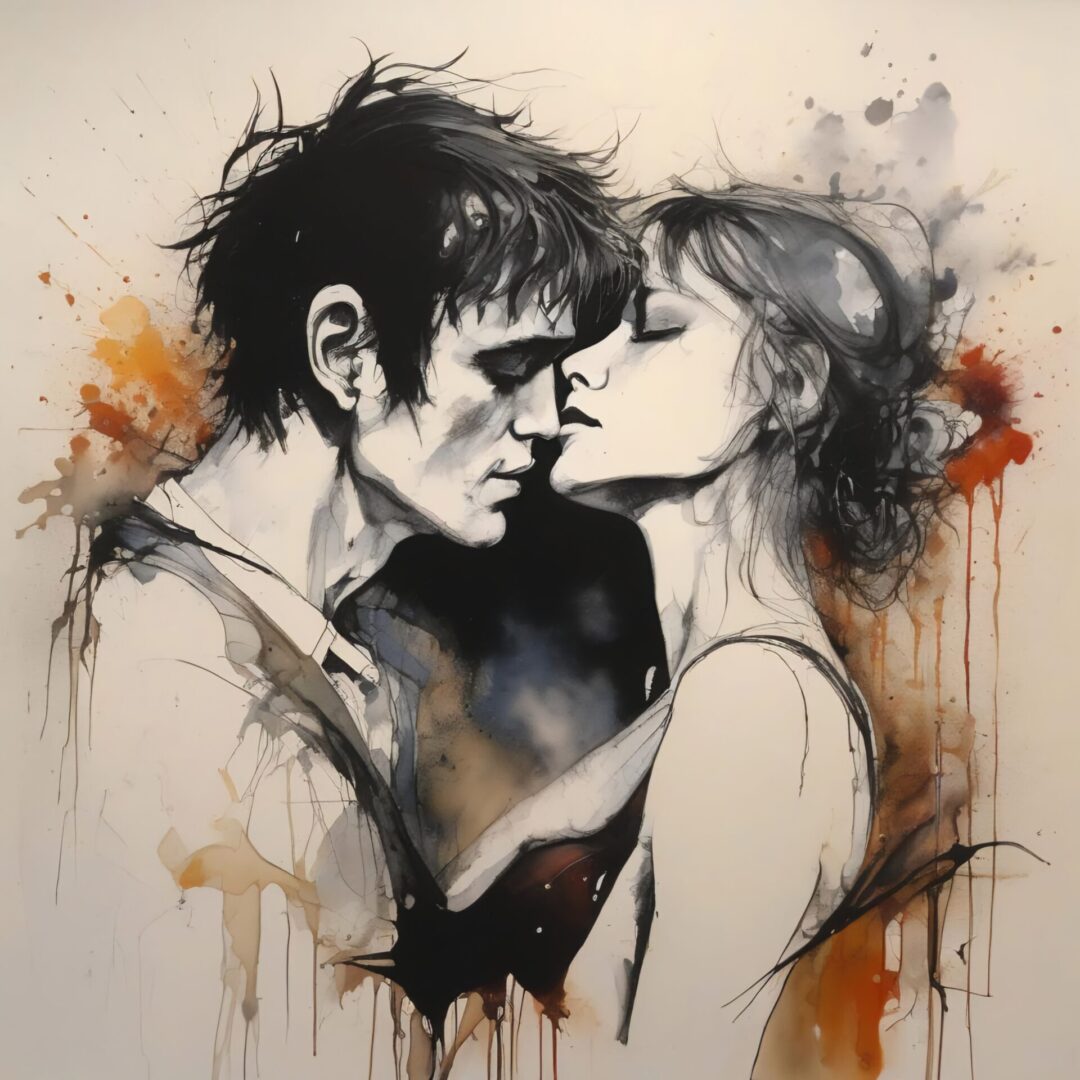 Black and white watercolor painting of a couple kissing.