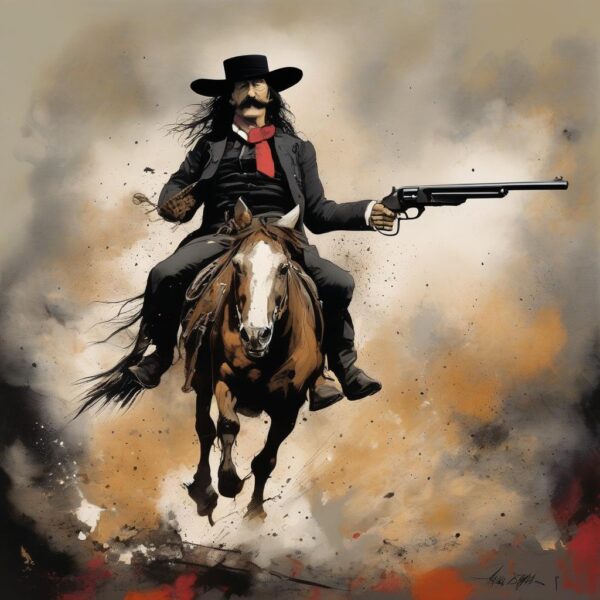 A man riding a horse with a gun.