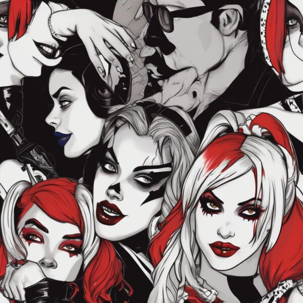 Harley Quinn and her crew in black and white.