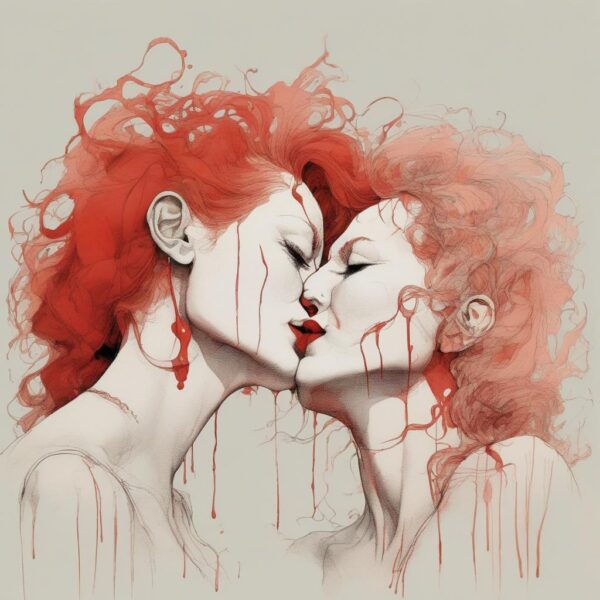 Two women kissing with red hair and blood.