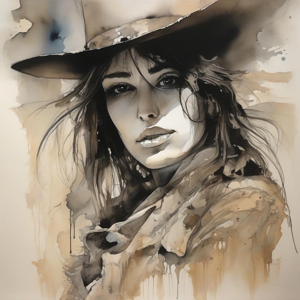 Watercolor portrait of woman in hat.