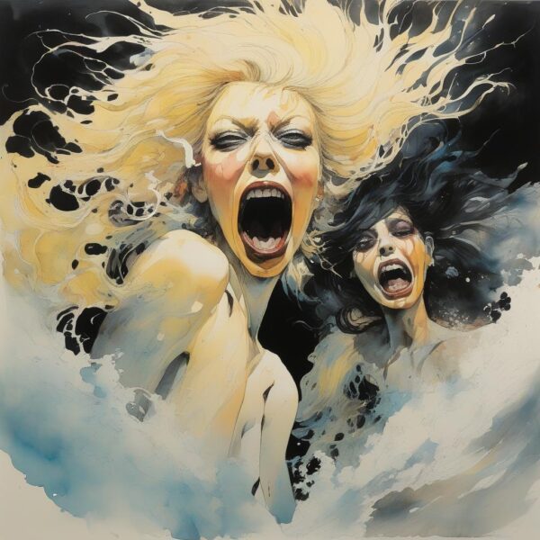 Two women with long hair screaming.