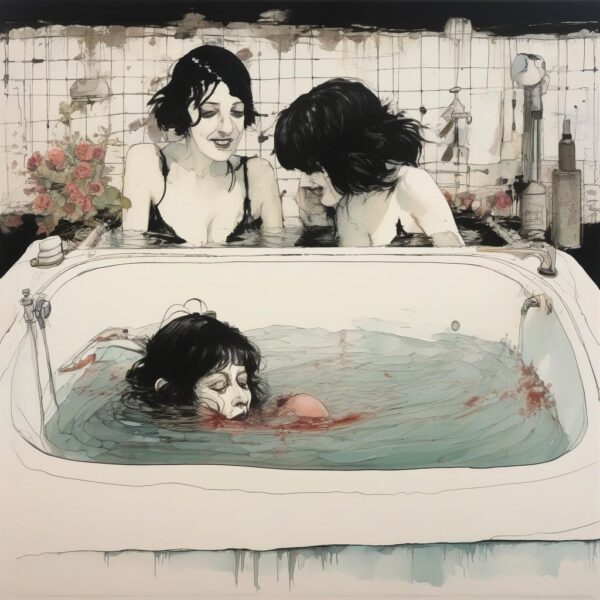 Two women in a bathtub with a dead woman.