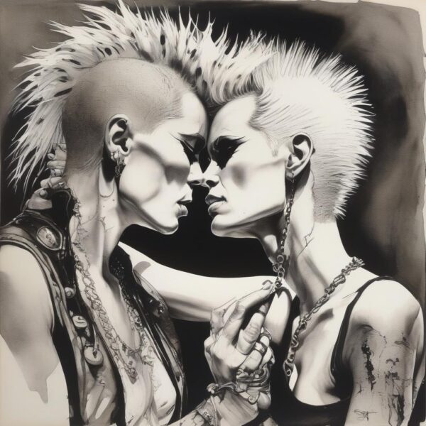 Two women with mohawks embrace.