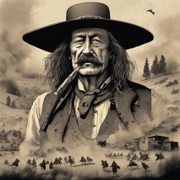 A Western outlaw with a rifle and mustache.