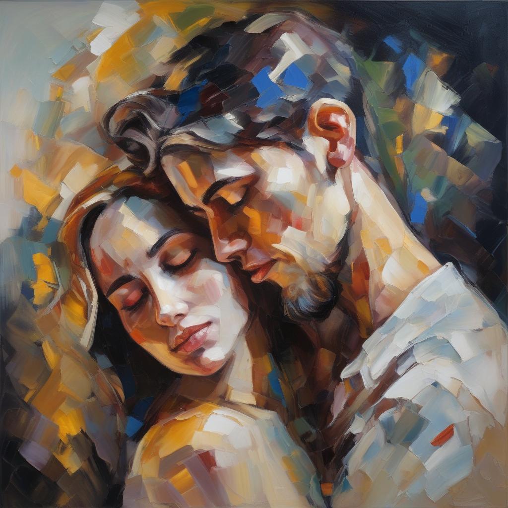 A painting of a couple embracing.